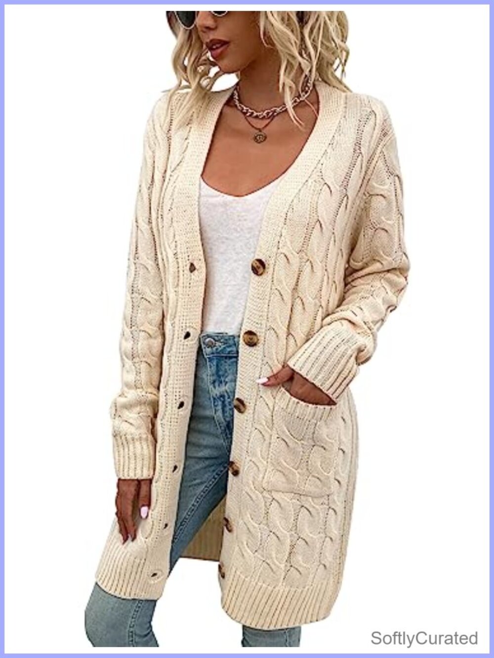 Womens Cable Knit Cardigan Long Sleeve Open Front Loose Sweater with Pockets